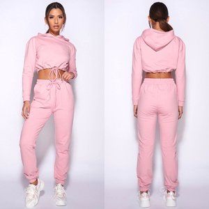 Pink Long Sleeve Hoodie Hooded Crop Top and Joggers Jogger Pants Two Piece Set